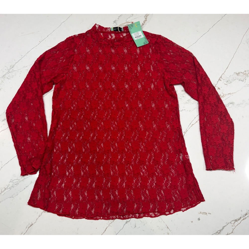 Sunshine & Rodeos‎ Red Floral Lace Mock Neck Long Sleeve Top Blouse NWT Small